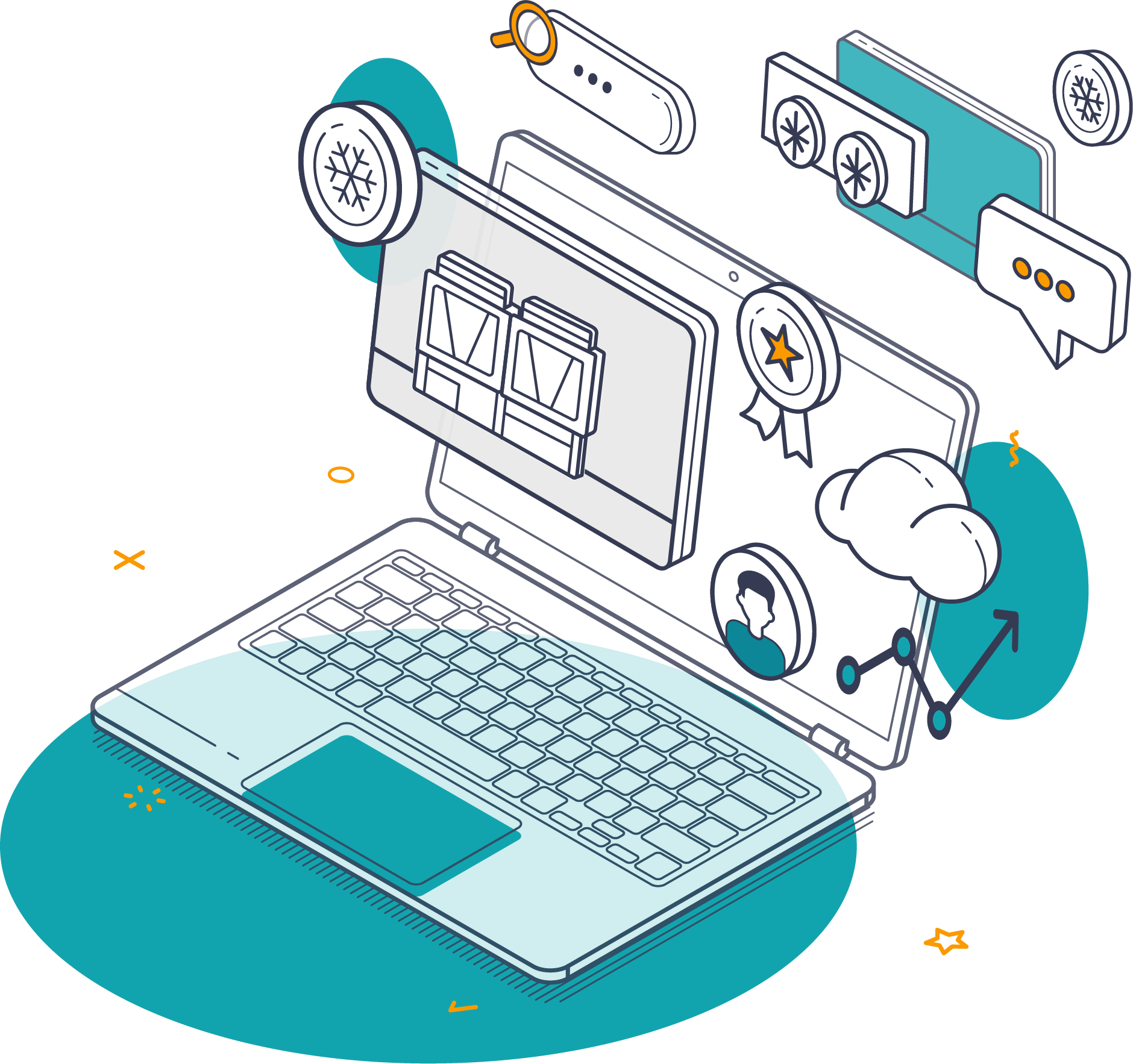Illustrazione concettuale di laptop con icone di raffreddamento, cloud e grafici per rappresentare soluzioni digitali di refrigerazione e climatizzazione